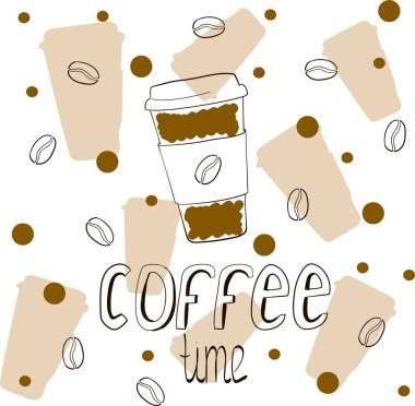 Kahve içmek için vektör illüstrasyonu ve kahve saati. Doodle taslak sanatı.