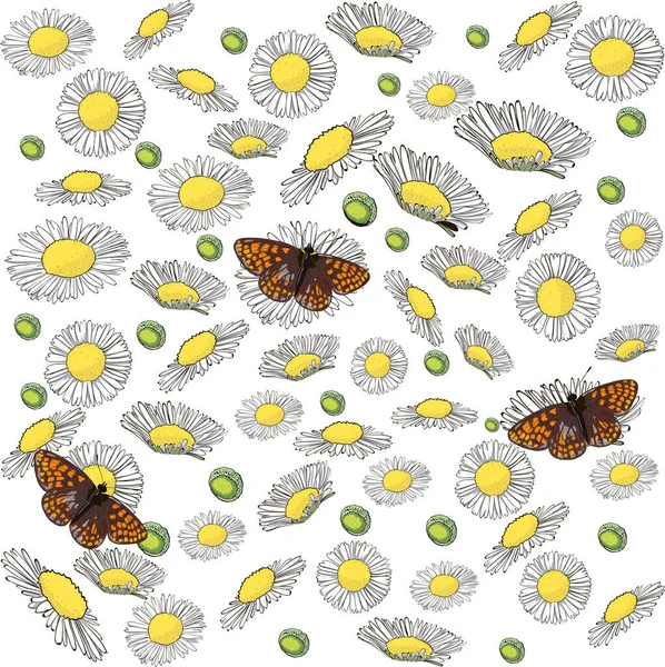 Beyaz arka planda papatya ve kelebekli desen.