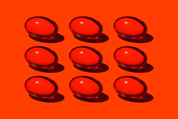 Девять Ярко Красных Таблеток Крупным Планом Красном Фоне Жесткий Свет — стоковое фото