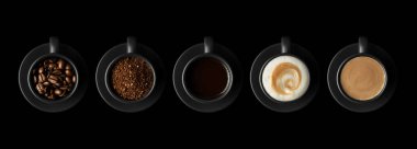 Five black cups of coffee with different coffees clipart