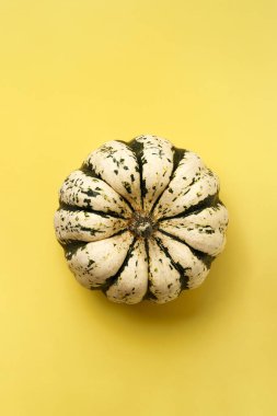 Sarı arka planda beyaz çizgili küçük balkabağı, üst manzara, durgun yaşam düzlüğü.