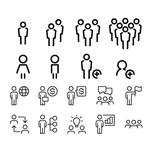 Besprechungssymbole wie Gruppe, Team, Personen, Konferenz, Leiter, Diskussion — Stockvektor