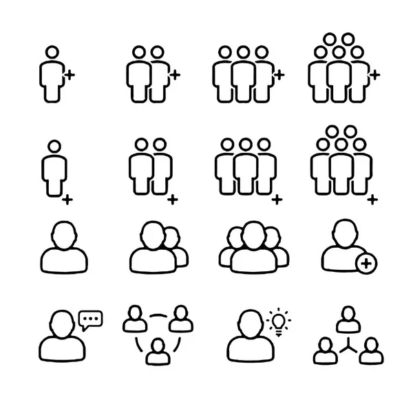 Besprechungssymbole wie Gruppe, Team, Personen, Konferenz, Leiter, Diskussion — Stockvektor