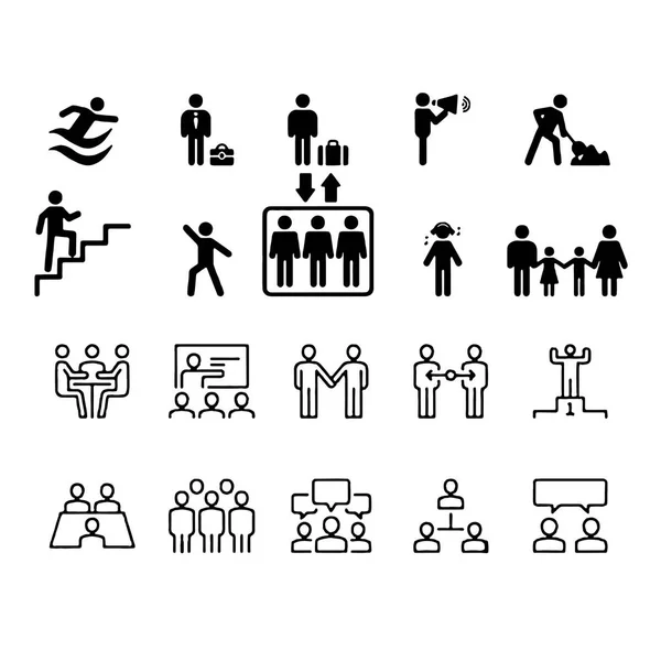 Besprechungssymbole wie Gruppe, Team, Personen, Konferenz, Leiter, Diskussion — Stockvektor