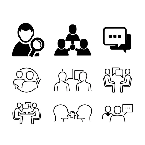 Reeks vergaderings pictogrammen, zoals groep, team, personen, conferentie, leider, discussie — Stockvector
