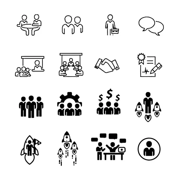 Reeks vergaderings pictogrammen, zoals groep, team, personen, conferentie, leider, discussie — Stockvector