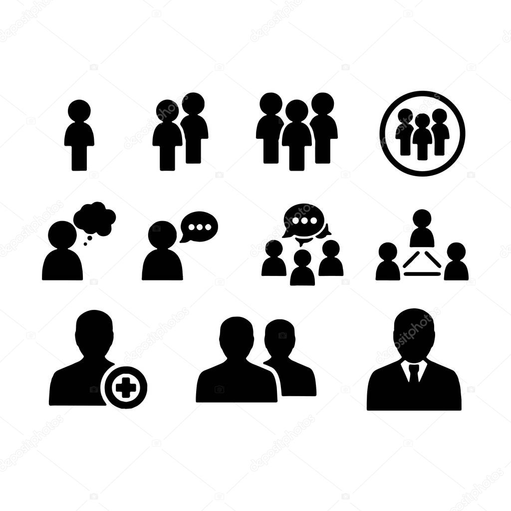 set of meeting icons, such as group, team, people, conference, leader, discussion