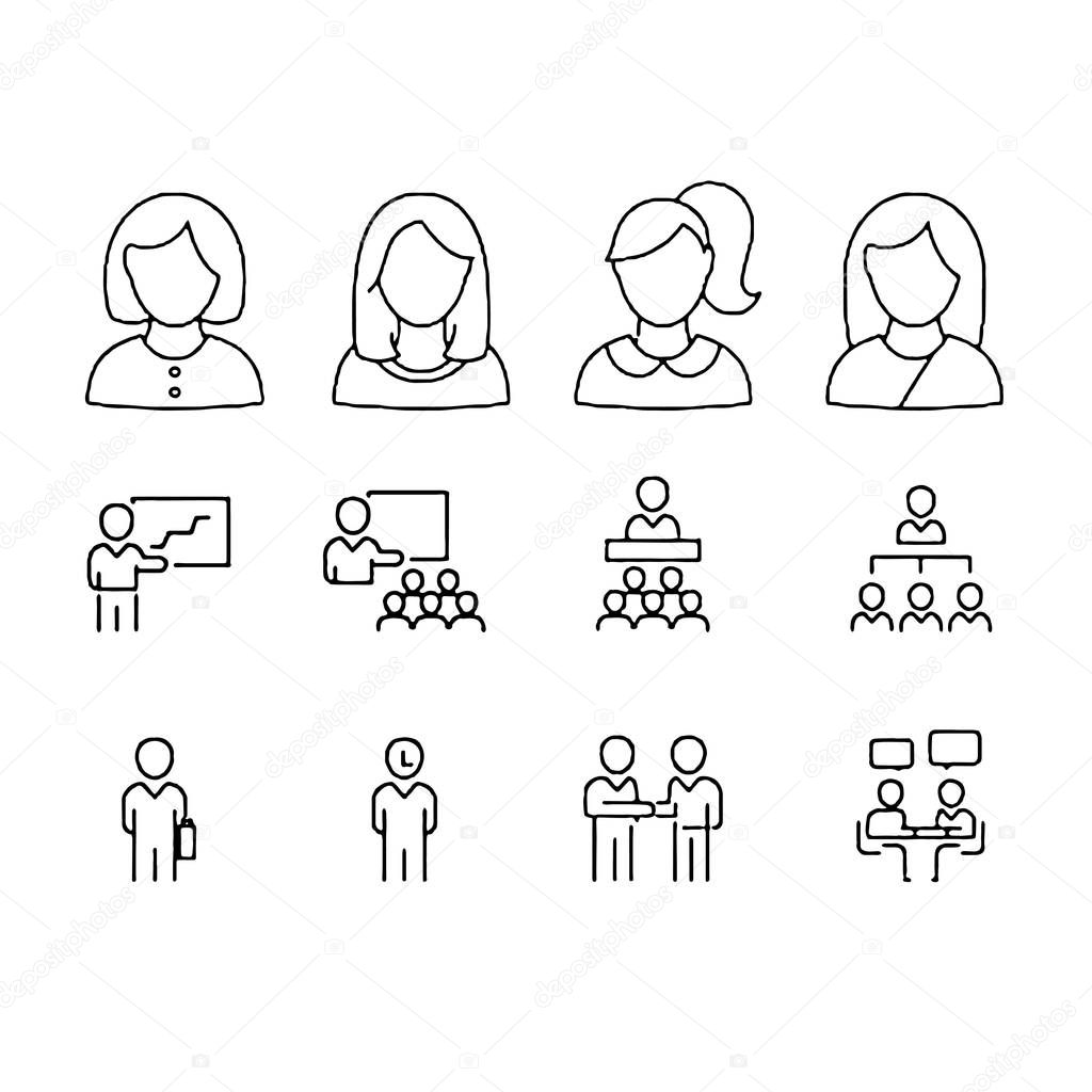 set of meeting icons, such as group, team, people, conference, leader, discussion