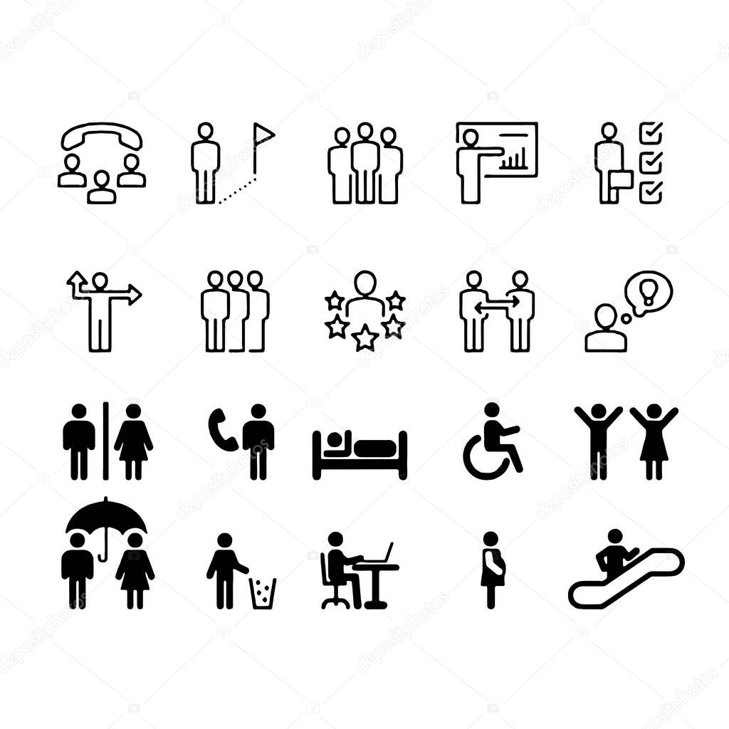set of meeting icons, such as group, team, people, conference, leader, discussion
