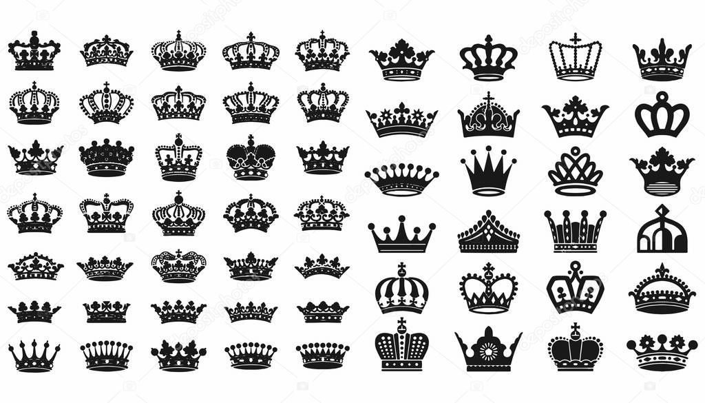Big collection of vector crown silhouettes in vintage style Vector illustration