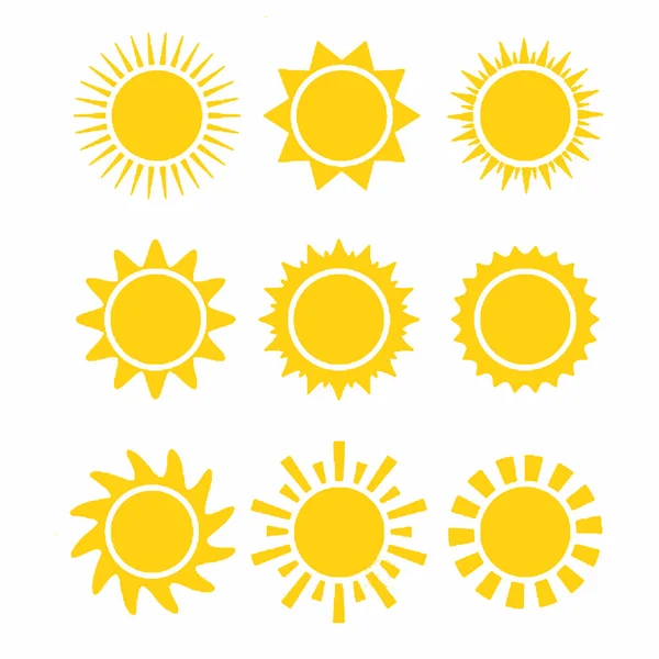 Το σετ σχημάτων ήλιου απομονώνεται σε εικονογράφηση λευκού φόντου — Διανυσματικό Αρχείο