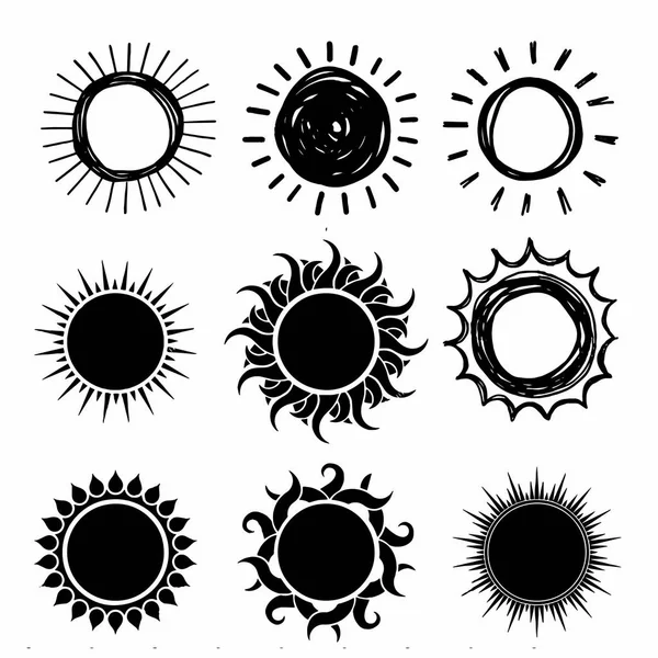 Beyaz Arka Plan Vektör Çizimi Üzerine İzole Edilmiş Güneş Şekilleri Seti — Stok Vektör