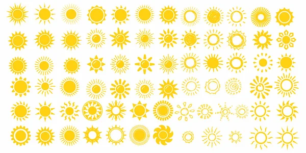 Coleção de símbolos solares. Conjunto de ícones vetoriais planos. Sinais de luz solar. Previsão meteorológica. Objeto isolado sobre fundo branco —  Vetores de Stock