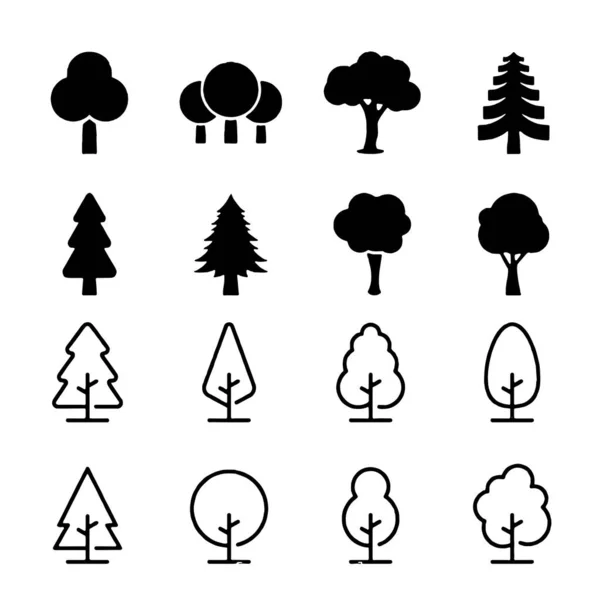 Baum Icon Set schwarz und weiß Farbe Bäume Baum flache Zeichen Sammlung — Stockvektor