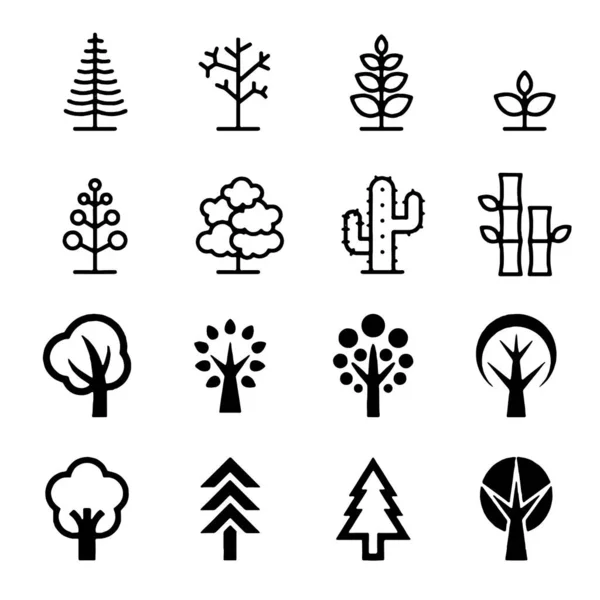 Arbre icône set noir et blanc couleur arbres arbre plat signes collection — Image vectorielle