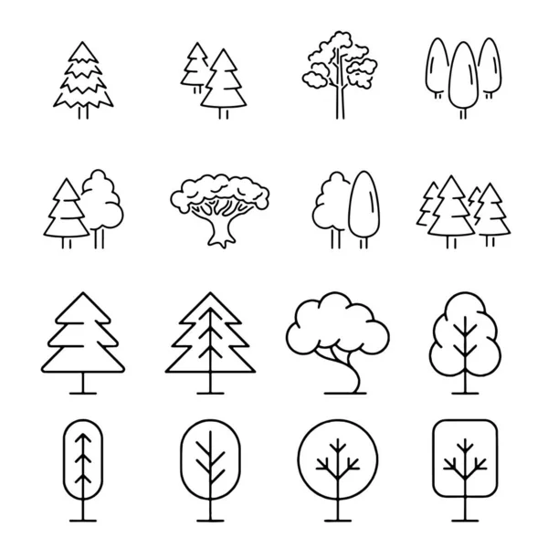 Arbre icône set noir et blanc couleur arbres arbre plat signes collection — Image vectorielle