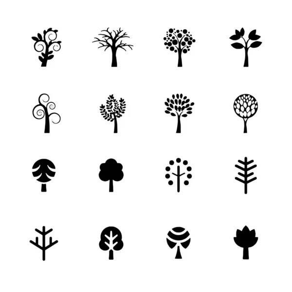 Albero icona set alberi di colore bianco e nero albero raccolta segni piatti — Vettoriale Stock