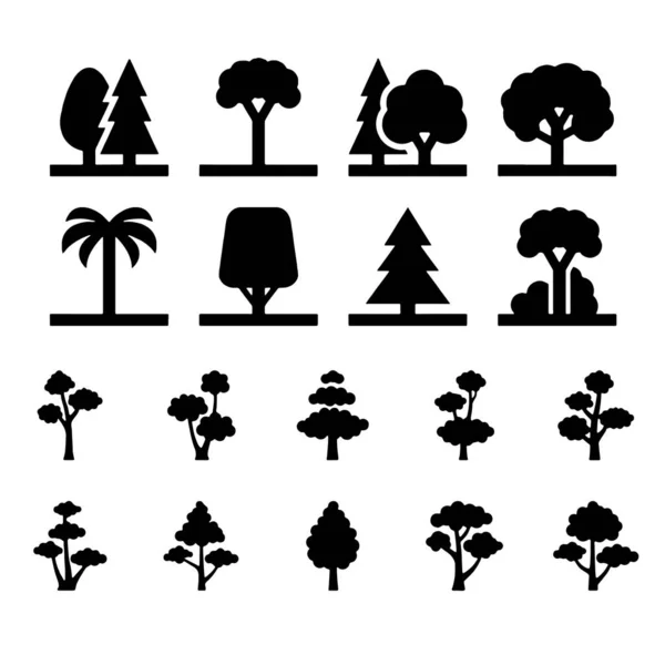 Träd ikon set svart och vit färg träd platt skyltar samling — Stock vektor