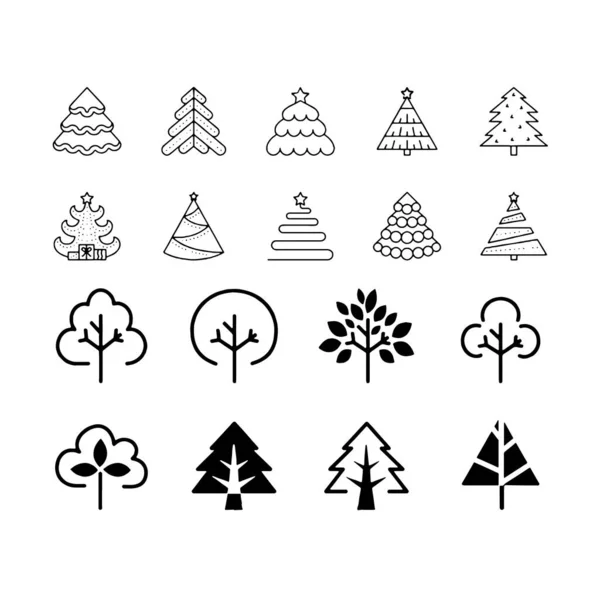 Boom pictogram set zwart-wit kleur bomen boom vlakke borden collectie — Stockvector