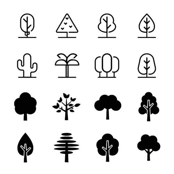 Drzewo ikona zestaw czarno-biały kolor drzewa drzewo płaskie znaki kolekcja — Wektor stockowy