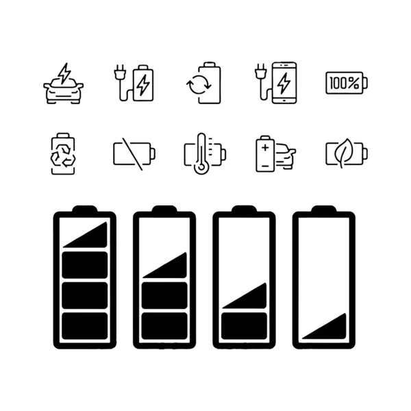 Diferentes iconos de carga de capacidad de batería con estado completo y bajo — Vector de stock