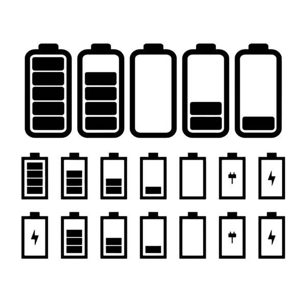 Différentes icônes de charge de capacité de batterie avec statut complet et faible — Image vectorielle