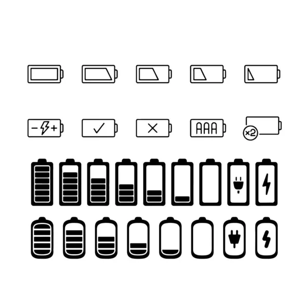 Diferentes iconos de carga de capacidad de batería con estado completo y bajo — Vector de stock