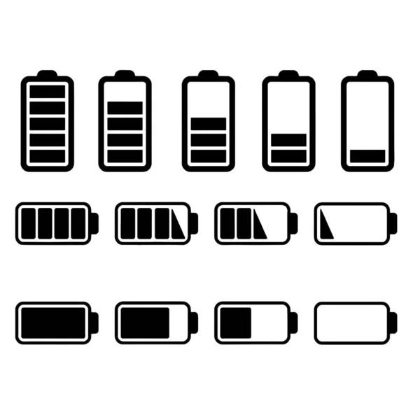 Διαφορετικά εικονίδια φόρτισης χωρητικότητας μπαταρίας με πλήρη και χαμηλή κατάσταση — Διανυσματικό Αρχείο