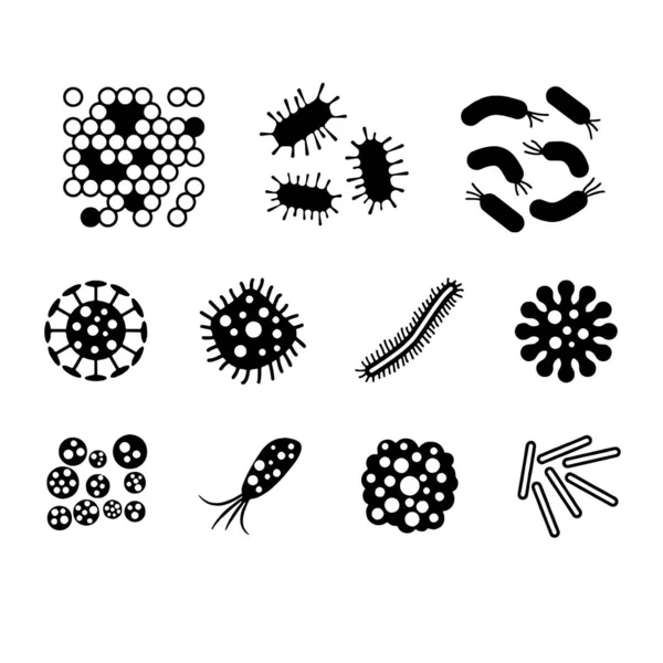 Bacterias, superbug, virus iconos conjunto de símbolos colección de vectores — Vector de stock