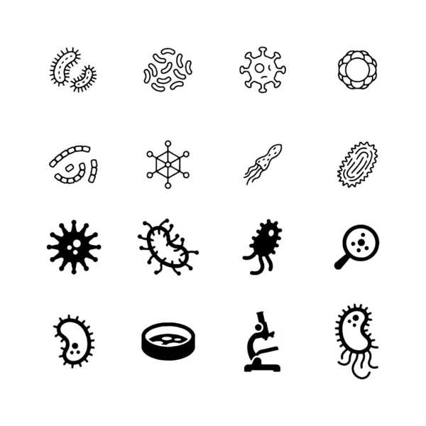 Bacterias, superbug, virus iconos conjunto de símbolos colección de vectores — Vector de stock