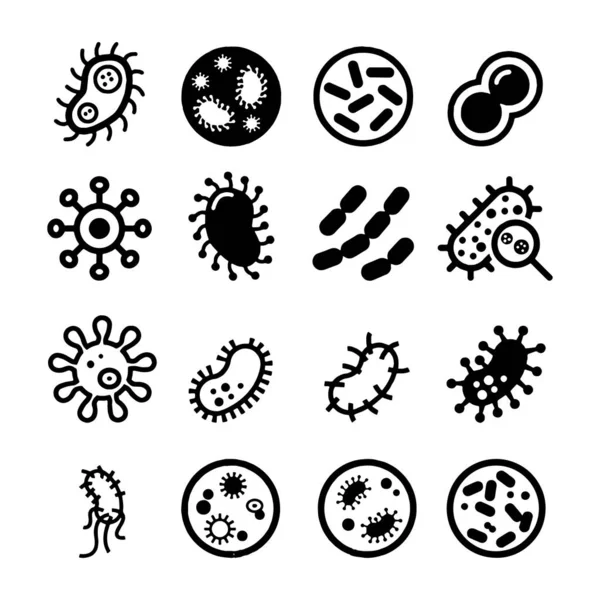 Bacterias, superbug, virus iconos conjunto de símbolos colección de vectores — Vector de stock