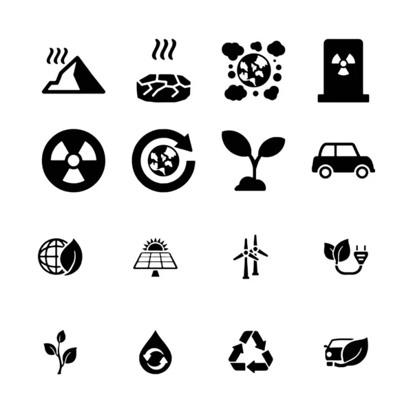 Iconos de la ecología establecen conceptos de medio ambiente y sostenibilidad Negro sobre un fondo blanco — Vector de stock