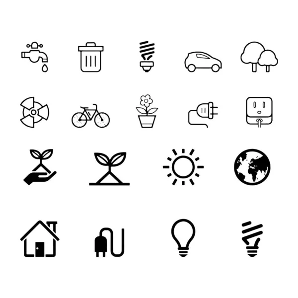 Ökologie-Symbole setzen Umwelt- und Nachhaltigkeitskonzepte schwarz auf weißem Hintergrund — Stockvektor