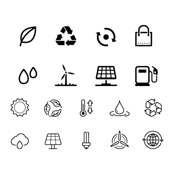 Iconos de la ecología establecen conceptos de medio ambiente y sostenibilidad Negro sobre un fondo blanco — Vector de stock