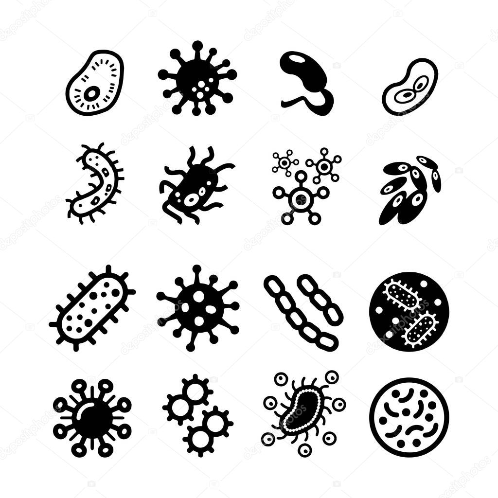 Bacteria, superbug, virus icons set symbols vector collection