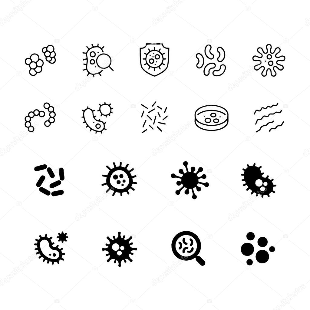 Bacteria, superbug, virus icons set symbols vector collection