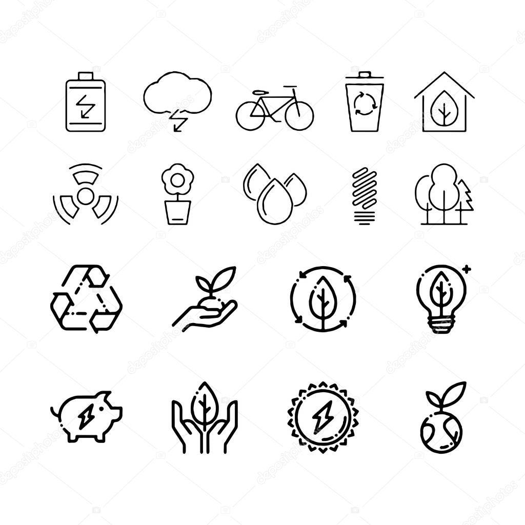 Ecology icons set environment and sustainability concepts Black on a white background