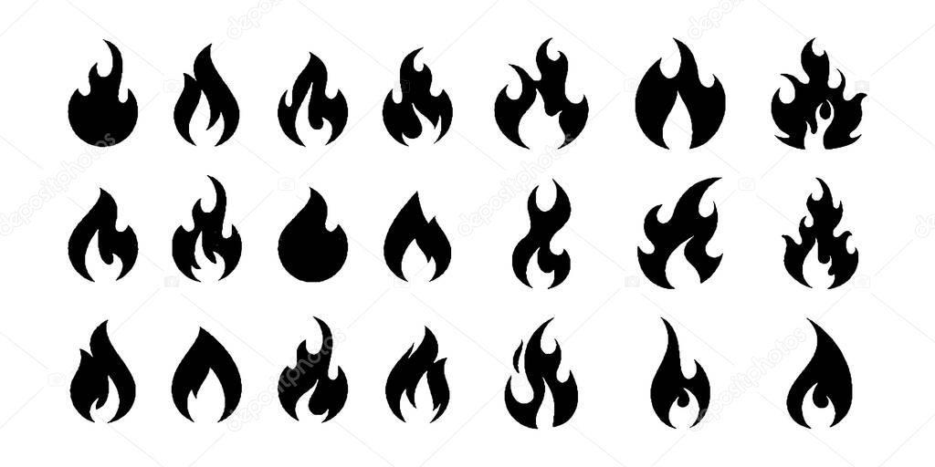 Fire flames Set vector icons isolated on white background