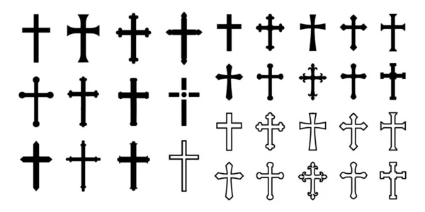 Set christelijke kruis vector symbool plat en omtrek stijl — Stockvector