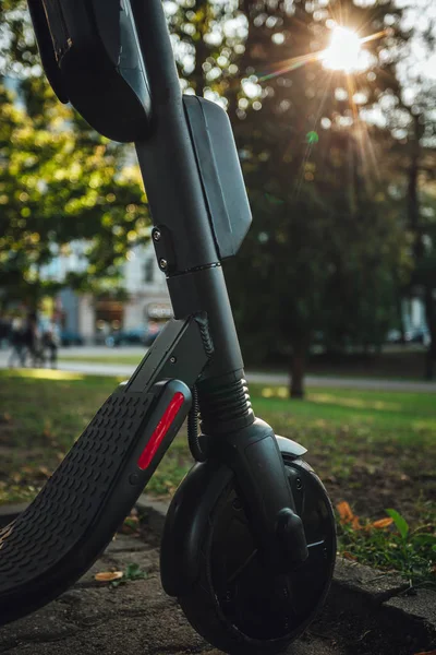 Rental Electric Scooters Parked City Streets Eco Friendly Transportation — Stock Photo, Image