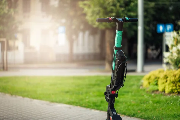 Rental Electric Scooters Parked City Streets Eco Friendly Transportation — Stock Photo, Image