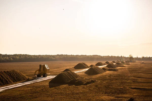 落土场与挖掘机牵引车在日落时间 泥炭场草坪提取场 — 图库照片