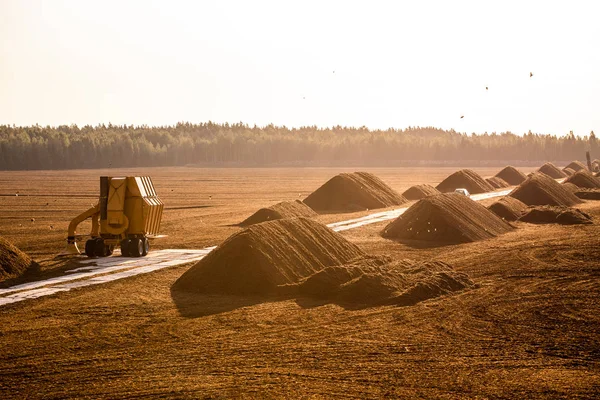 落土场与挖掘机牵引车在日落时间 泥炭场草坪提取场 — 图库照片