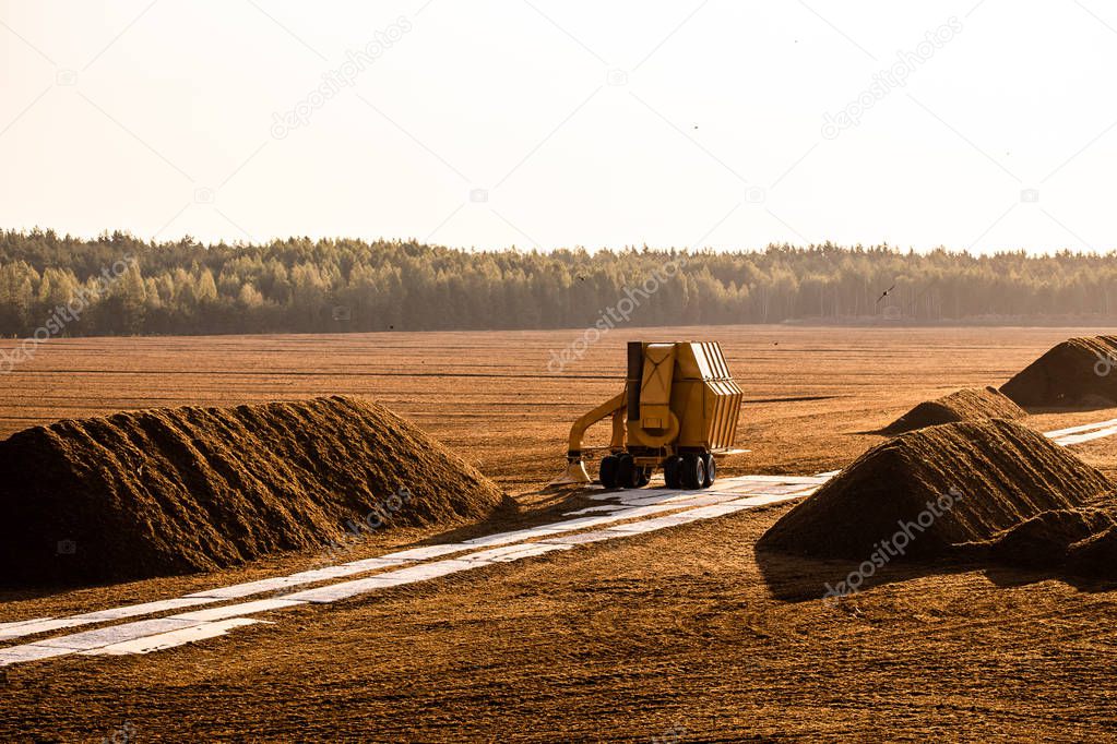 Turf extraction field with excavator tractor in sunset time, peat field