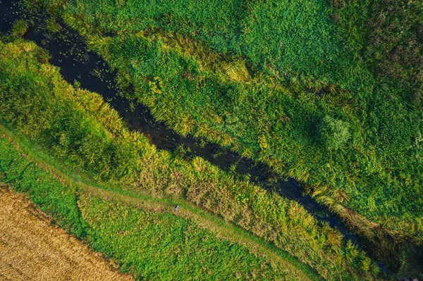 绿草环抱的小河上的空中景观 — 图库照片