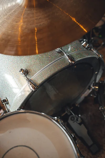 Drum set in sound recording studio. Drum kit in close up view