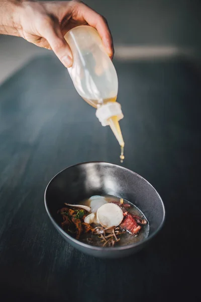 Miso Ramen Aziatische Noedels Met Enoki Pak Choi Kool Kom — Stockfoto