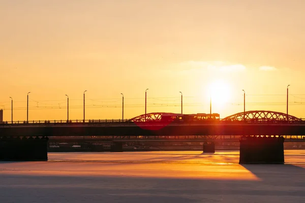 Early and cold morning in city, sunrise over city of Riga, Latvia. Panoramic view on city