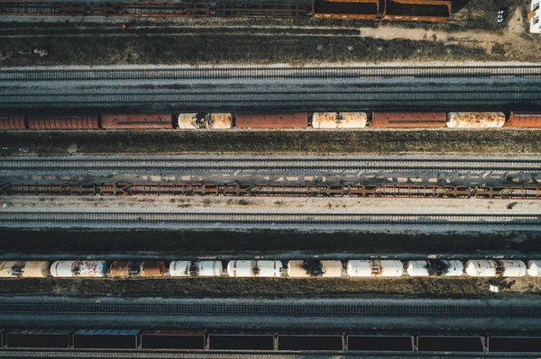 Treni Merci Primo Piano Veduta Aerea Dei Treni Merci Colorati — Foto Stock