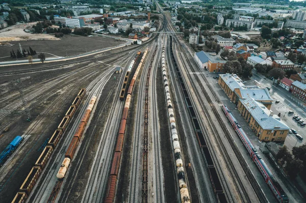 Cargo Trains Close Aerial View Colorful Freight Trains Railway Station — Stock Photo, Image